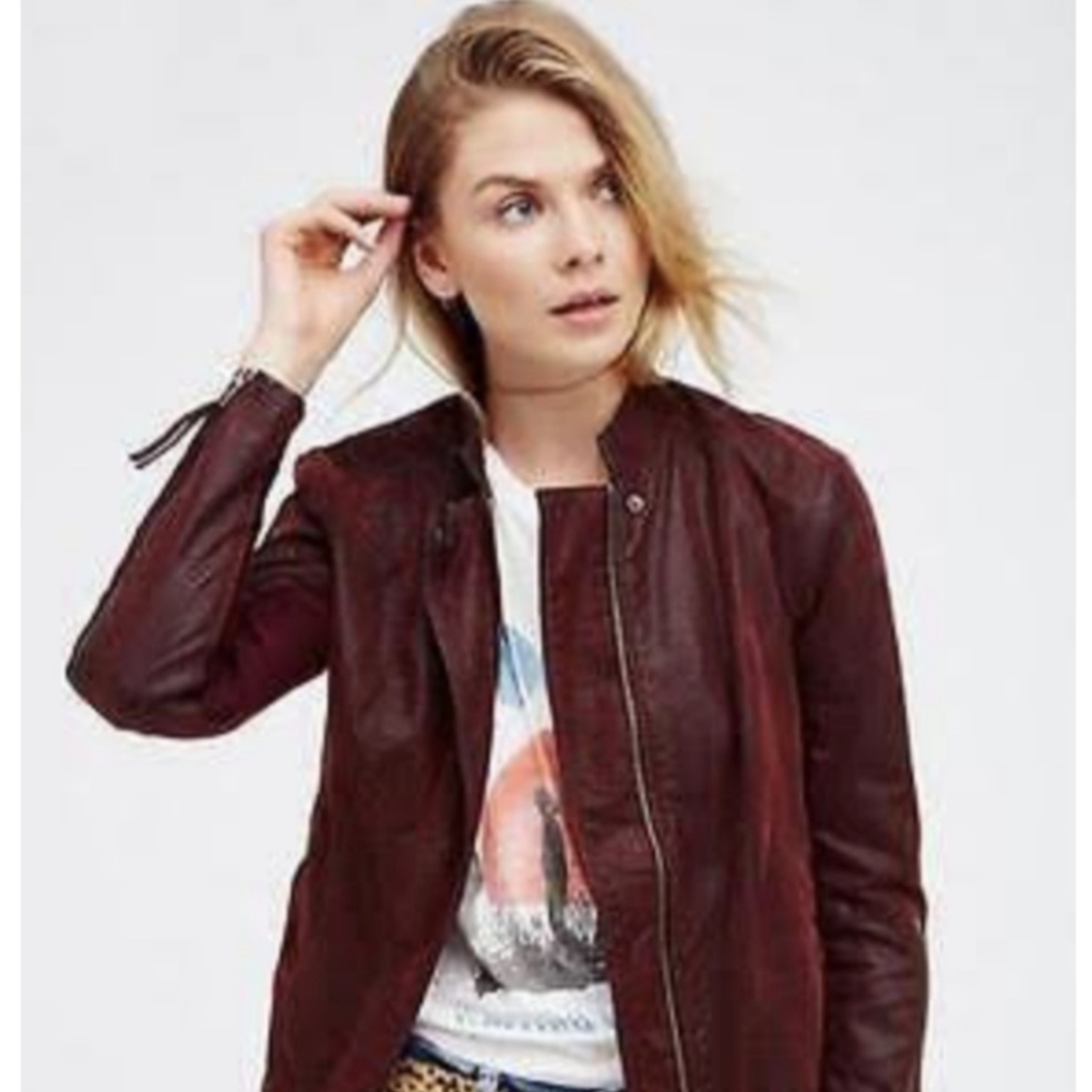 Free People Vegan Suede Zip Moto Jacket in Burgundy